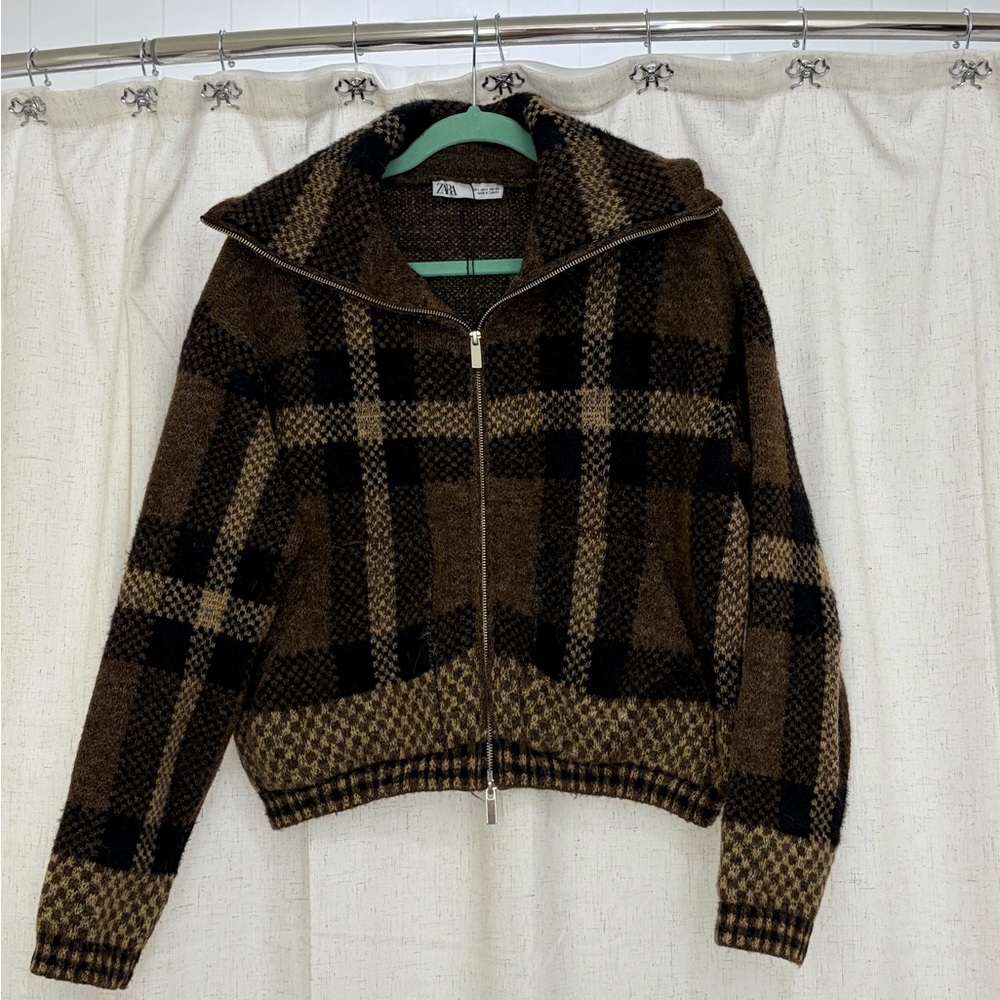Zara Viral Brown & Black Plaid Zip-Up Sweater